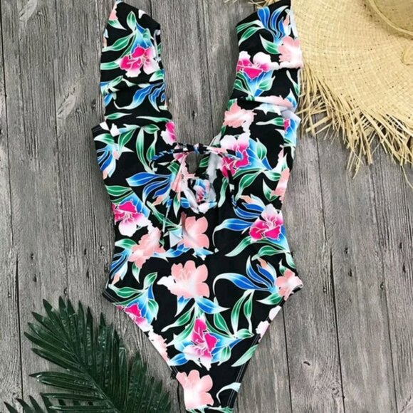 New Floral Print Plunge Front One Piece Swimsuit - Picture 6 of 8